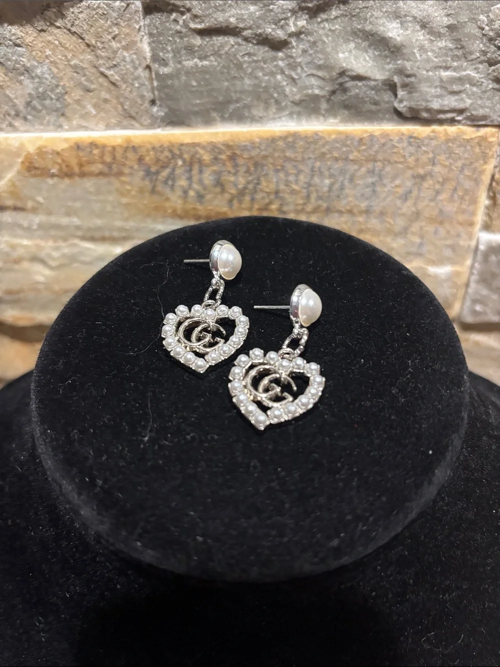 Pearl Top Silver Heart Drop Earrings with Pearl Accent